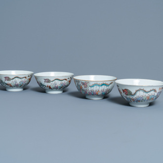 Four Chinese famille rose 'spring festival' bowls, 19th C.