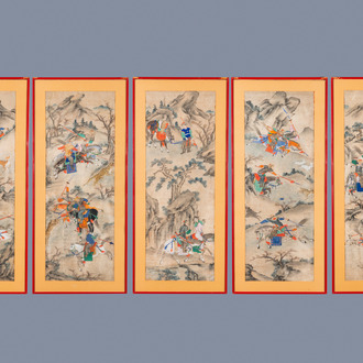 Chinese school, ink and color on paper: 'Five hunting scenes', 19th C.