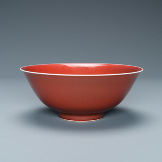 A Chinese monochrome copper-red bowl, Qianlong mark, Republic