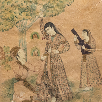 A Persian miniature on paper: 'Kneeling man in front of a beauty and her servant', probably India, 18/19th C.