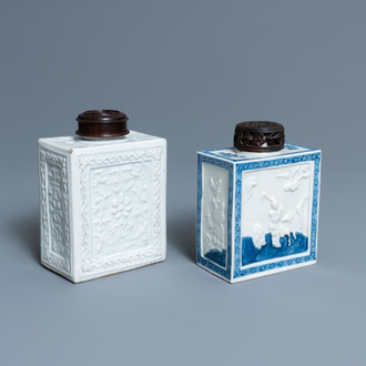 Two Chinese blanc de Chine and blue and white relief-moulded tea caddies, 19th C.