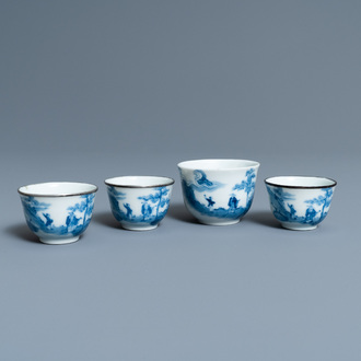 Four Chinese blue and white 'Bleu de Hue' cups for the Vietnamese market, Tu Duc reign mark, 19th C.