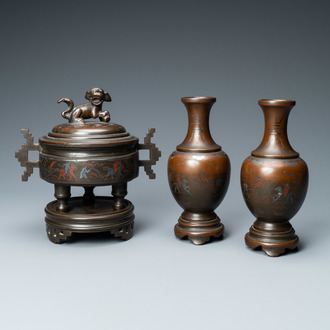 A Chinese inlaid bronze censer and a pair of vases for the Vietnamese market, 19th C.