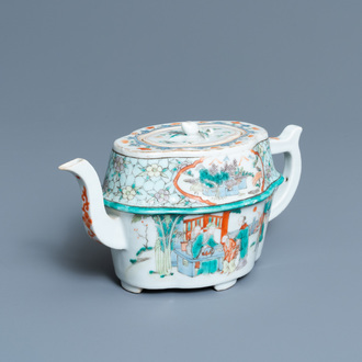 An unusual Chinese Canton famille verte teapot and cover, 19th C.