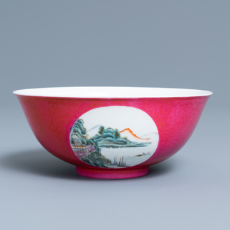 A Chinese ruby-ground bowl with landscape medallions, 19/20th C.