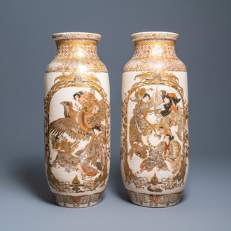 A pair of tall Japanese Satsuma vases, Meiji, 19th C.