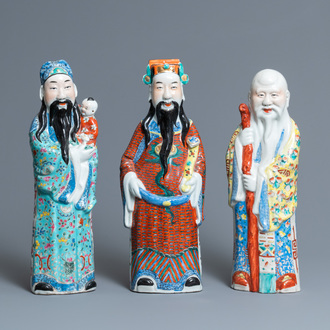 Three Chinese famille rose 'Star God' figures, seal marks, 19/20th C.