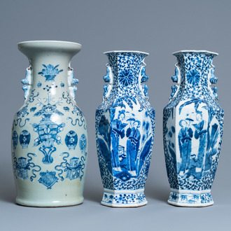 A pair of Chinese blue and white vases and a celadon-ground vase, 19th C.