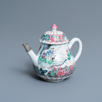 A Chinese famille rose 'fishermen' teapot and cover, Yongzheng