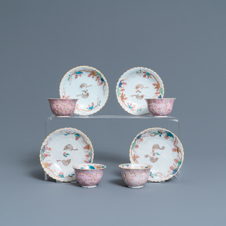 Four Chinese lotus-moulded famille rose cups and saucers with squirrels, Yongzheng