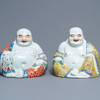 Two Chinese famille rose figures of Buddha, seal mark and workshop mark, 19th C.