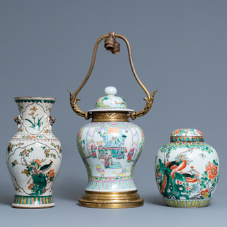 Two Chinese famille verte vases and a lamp-mounted famille rose vase, 19th C.