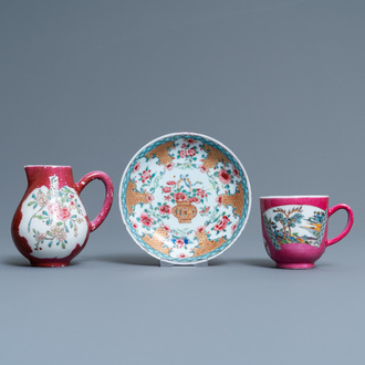 Three Chinese famille rose ruby-ground and ruby-back wares, Yongzheng