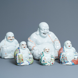 Five Chinese famille rose and white figures of Buddha, seal marks, 19/20th C.