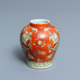 A small Chinese yellow and iron-red 'dragon' vase, Wanli mark, 19th C.