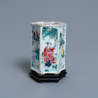 A hexagonal Chinese famille rose brush pot with figurative panels, Yongzheng