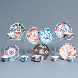 Seven Chinese famille rose and other cups and saucers, Kangxi and later