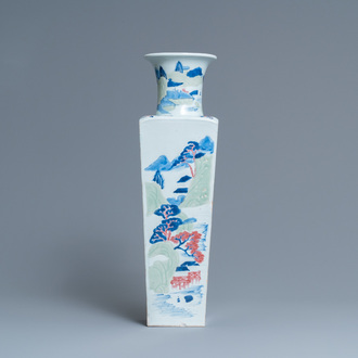 A Chinese blue and white, celadon and copper-red tapering square vase with landscape panels, Kangxi