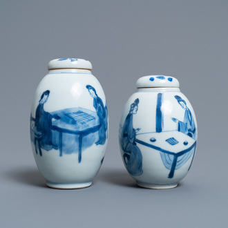 Two Chinese blue and white tea caddies and covers, Kangxi