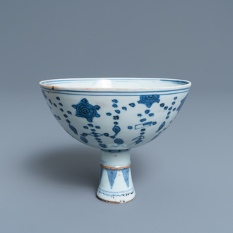 A Chinese blue and white stem cup, Ming