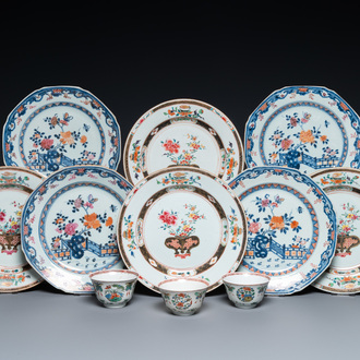 Eight Chinese famille rose plates and three famille verte cups, Kangxi/Qianlong