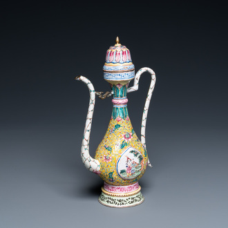 A Chinese Canton enamel ewer and cover, Qianlong