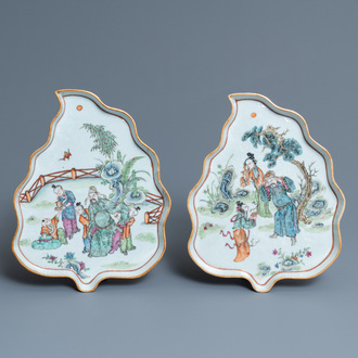 Two Chinese leaf-shaped famille rose dishes, 19th C.