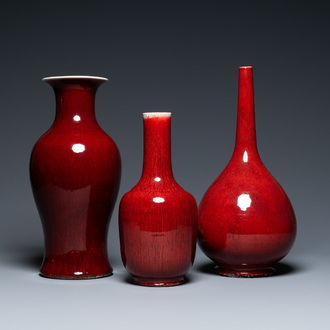 Three Chinese monochrome sang de boeuf vases, 19/20th C.