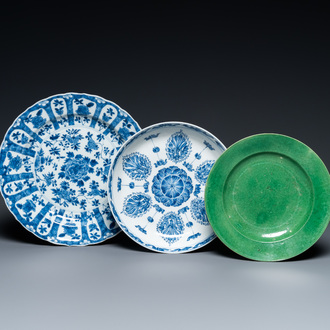 Two Chinese blue and white dishes and a green monochrome plate, Kangxi