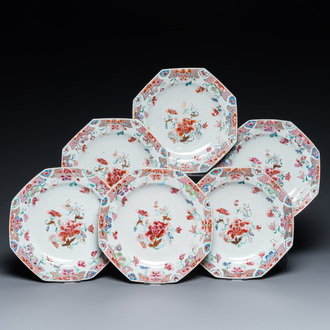 Six Chinese octagonal famille rose plates, Qianlong