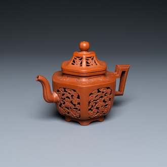 A Chinese reticulated double-walled Yixing stoneware teapot and cover, Kangxi