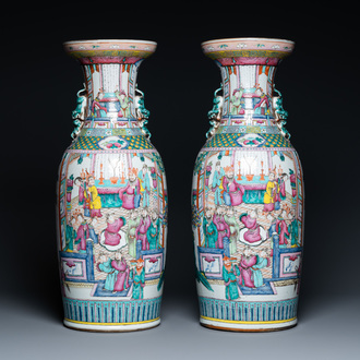 A pair of Chinese famille rose vases with temple scenes, 19th C.