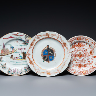 A Chinese famille rose plate, an armorial plate and an iron-red and gilt plate, Kangxi/Qianlong