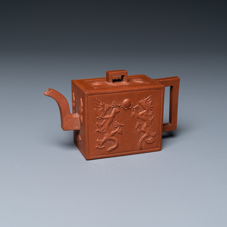 A Chinese rectangular Yixing stoneware 'dragon' teapot, seal mark, Kangxi