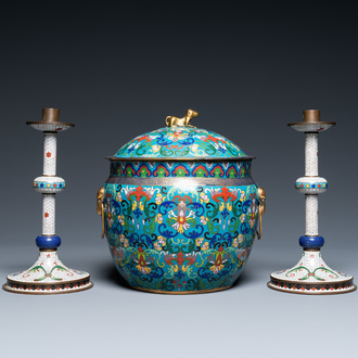 A Chinese cloisonné bowl and cover and a pair of candlesticks, 19/20th C.
