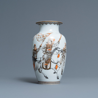 A Chinese eggshell porcelain vase with warriors flanking a horserider, Qianlong mark, Republic