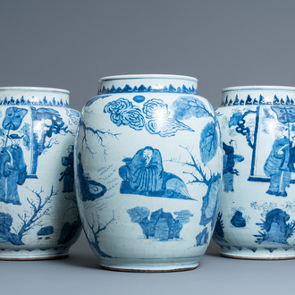 Three large Chinese blue and white vases with figures, Transitional period