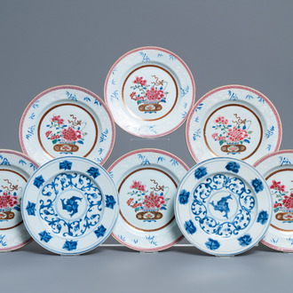 Six Chinese famille rose plates and a pair of blue and white plates, Kangxi/Qianlong