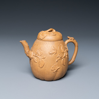 A Chinese Yixing stoneware teapot with squirrels and butterflies, seal mark, 18th C.