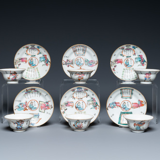 Six tasses et soucoupes en porcelaine de Chine famille rose à décor 'Wu Shuang Pu', marques de Qianlong et Tongzhi, 19ème