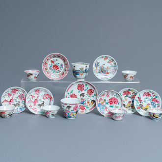 Eight Chinese famille rose and verte cups and saucers, Kangxi/Qianlong