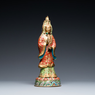 A Chinese champlevé enamel and gilt copper figure of Guanyin, Qing