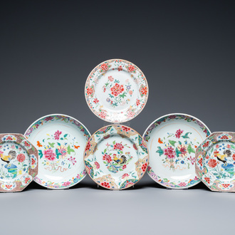 Six Chinese famille rose plates with roosters and floral designs, Qianlong
