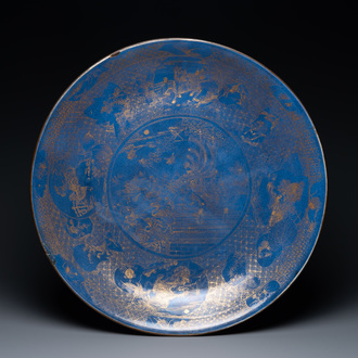 A large Chinese gilt-decorated powder blue-ground dish, Kangxi
