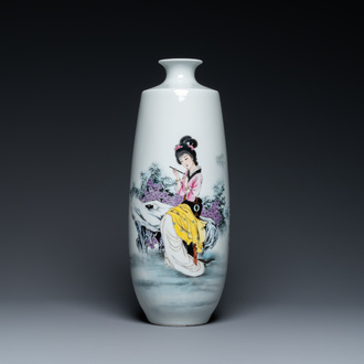 A Chinese famille rose vase with a lady on a rock, Jingdezhen zhi mark, 20th C.