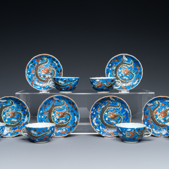 Six Chinese blue-ground cups and saucers with dragons, 19th C.