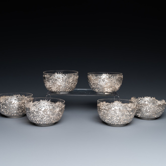 Six Chinese reticulated silver 'bamboo' bowls with glass inserts, 19/20th C.