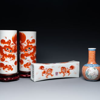 A Chinese famille rose 'playing boys' vase, a pair of hat stands and a head rest with Buddhist lions, 19/20th C.
