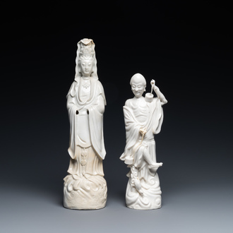 Twee Chinese blanc de Chine figuren van Liu Hai en Guanyin, Kangxi