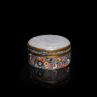 A Chinese cloisonné box with white jade cover, 19th C.